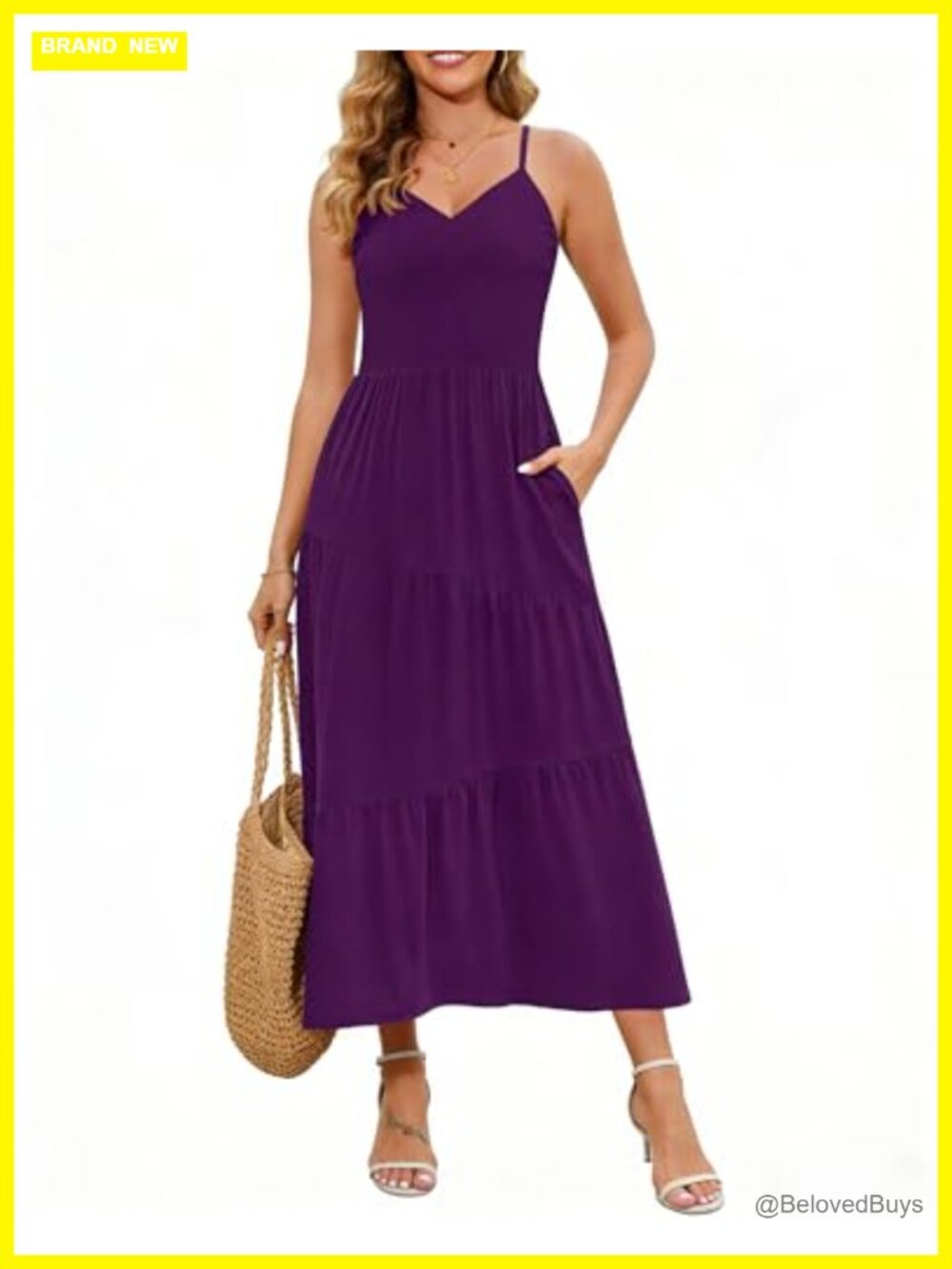 Sleeveless V Neck Spaghetti Strap Tiered Maxi Sundress with Pockets
